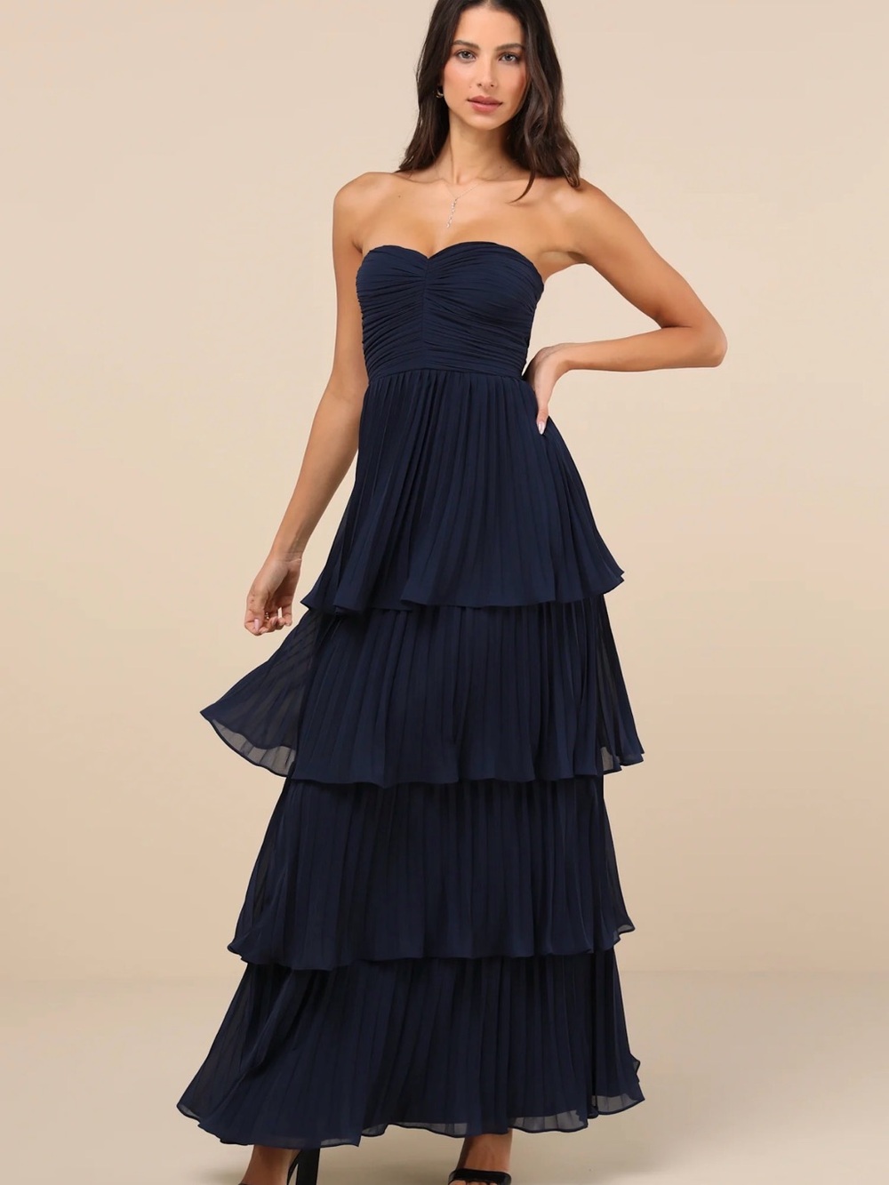 Lulu’s Seriously Sensational Navy Blue Strapless Tiered Maxi Dress